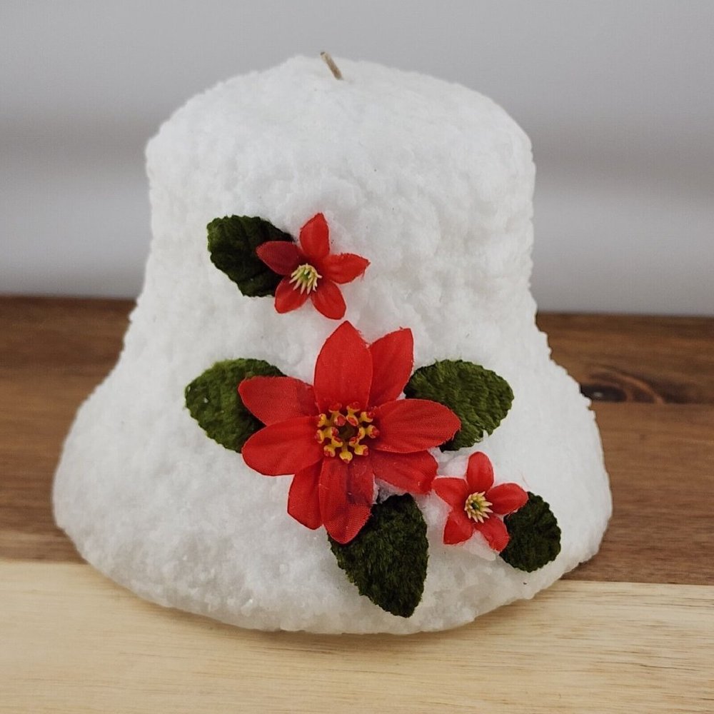 Vintage White Frosting Wax Christmas Bell Candle 3.5" red poinsettia